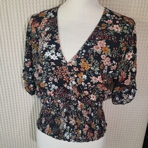 Abercrombie & Fitch Pink and Black Floral Wrap Blouse